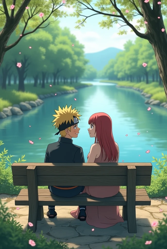 Naruto and hinata in river in bench with love
