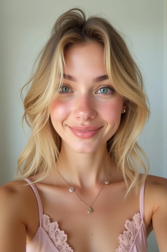 normal girl, cute, selfie, blonde realistic