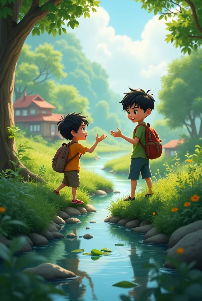 Two boys walking in a world of lush nature. Uma dos garotos apontando para o rio e featuring um rosto muito defeituoso defeituoso, featuring
.
Show houses and a river.