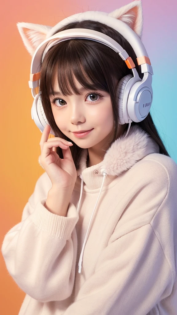 "A cute, small cat with soft, white and orange fur, wearing oversized, colorful headphones. The cat has big, expressive eyes and looks playful and curious. The background is light and simple, with a soft, pastel color palette that gives the image a cozy and warm atmosphere."
