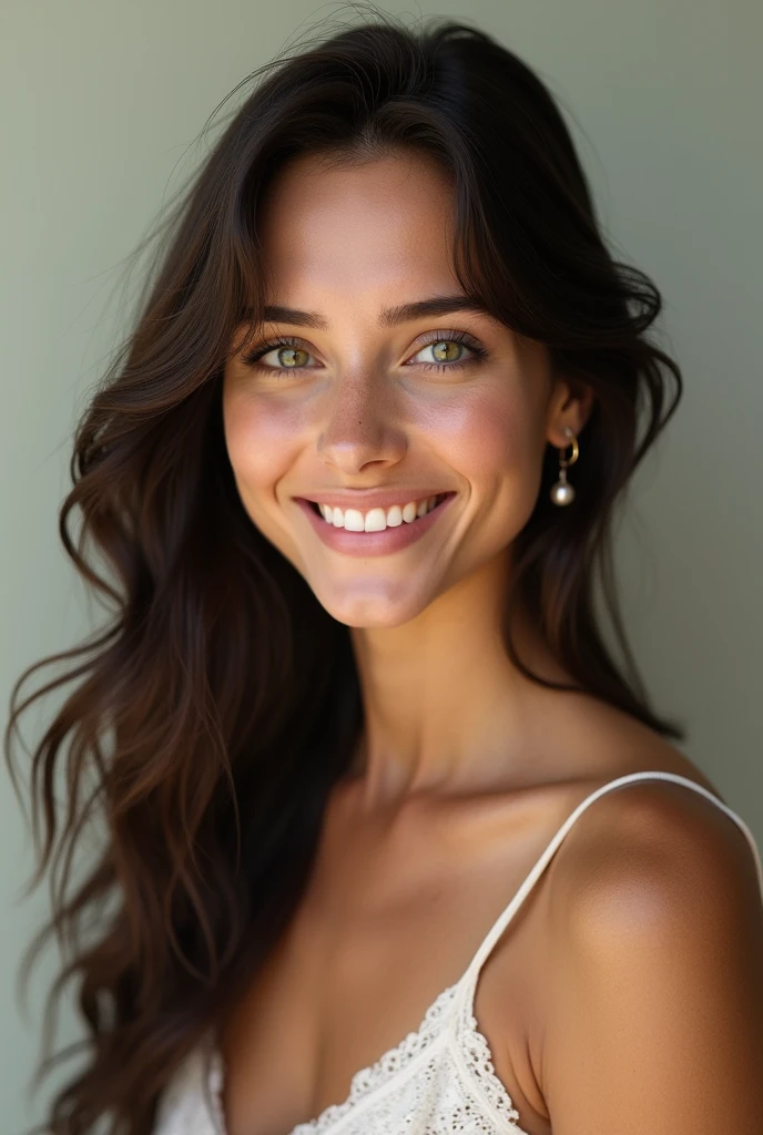 visage, femme, brune, yeux vert clair, italienne, avec un sourire, age 19 ans, naturel, cheuveux long et noir,