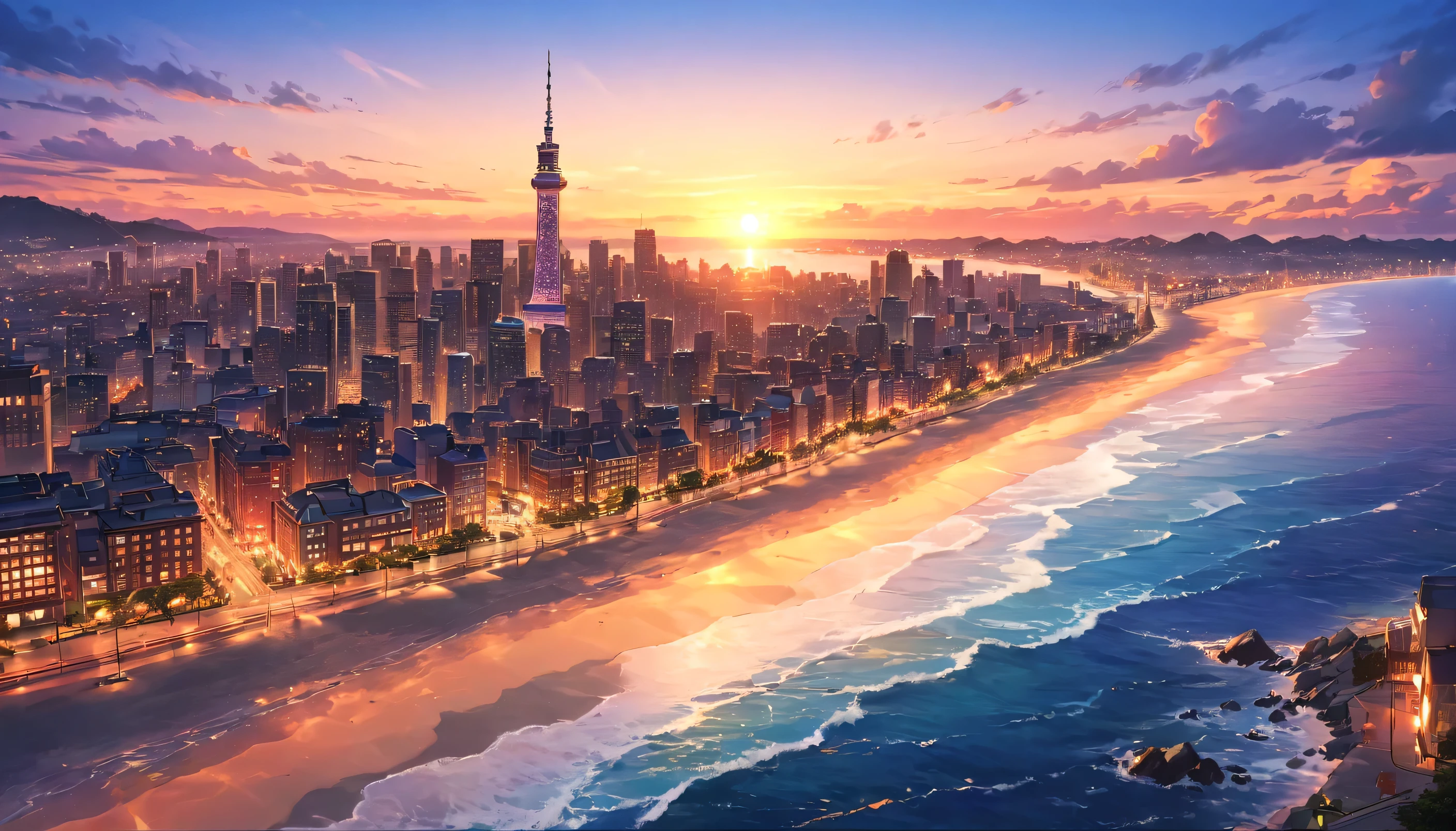 a beautiful city skyline at sunset, walking path along the ocean, vibrant colors in the sky, (best quality,4k,8k,highres,masterpiece:1.2),ultra-detailed,(realistic,photorealistic,photo-realistic:1.37),detailed cityscape, dramatic lighting, warm sunset colors, glowing sky, ocean waves, detailed architecture, serene atmosphere, anime style, intricate details
