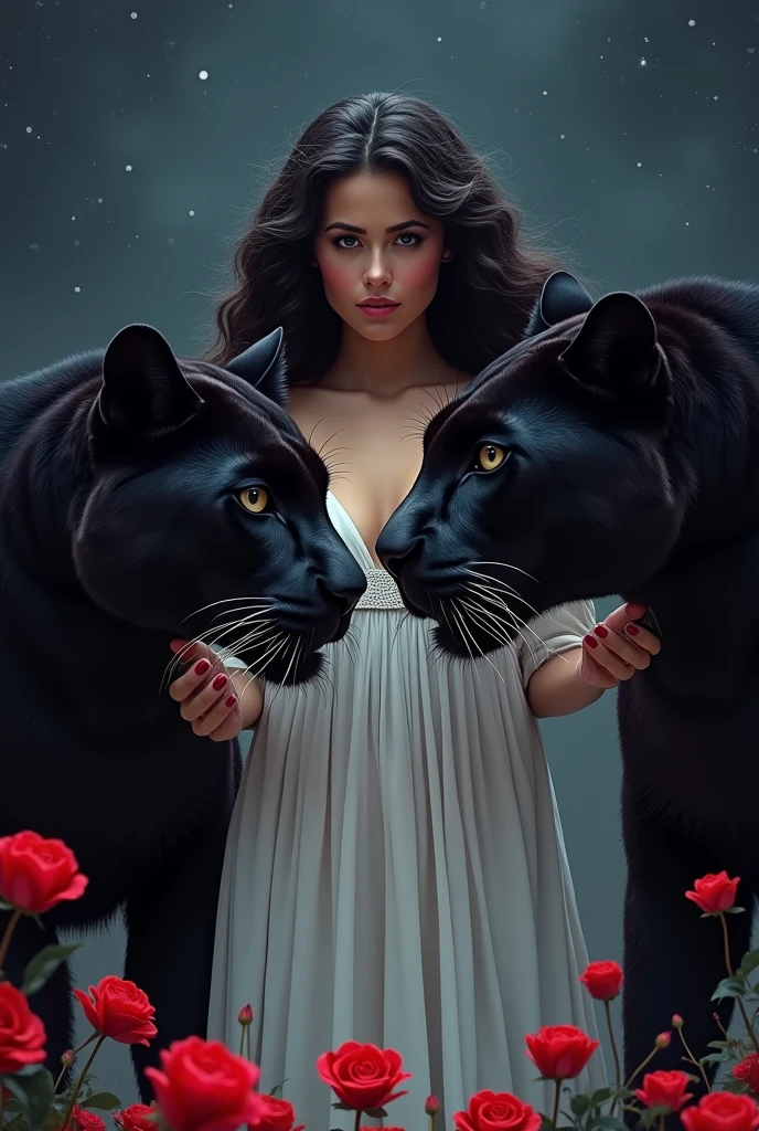 two beautiful and mysterious black panthers staring at each other with a piercing gaze one night. in the middle of them, Aphrodite, the mythological goddess of beauty and love. quero que Aphrodite esteja em sua versão mais intensa, passionate, sensuous, angelic and charismatic! quero Aphrodite em sua versão original, looking mythological even. quero que Aphrodite esteja acariciando as panteras e quero as panteras bem penetrantes, but looking forward. I want there to be red roses and red tulips scattered in the air, but mainly on the floor. tanto Aphrodite quanto as panteras precisam estar numa versão mais intimidadora. Aphrodite e as panteras tem que estar de pé. Aphrodite tem que estar com cabelos castanhos escuros e lisos, brown dark eyes, rosy cheek and red mouth. Aphrodite tem que estar com unhas vermelhas. as panteras tem que estar olhando para o mesmo lugar que Aphrodite olha. the image has to exude mystery, grandeur and sweetness at the same time. Aphrodite tem que estar de roupa branca e a noite tem que estar escura e estrelada. Aphrodite tem que estar atrás das panteras de alguma forma que ela apareça entre elas mas tenha uma presença marcante. Aphrodite tem que estar de roupa branca, simple and delicate, típica das deusas do Olimpo mas que de alguma forma seja sensuous. the panthers have to take up most of the image. Aphrodite tem que remeter a Grécia antiga