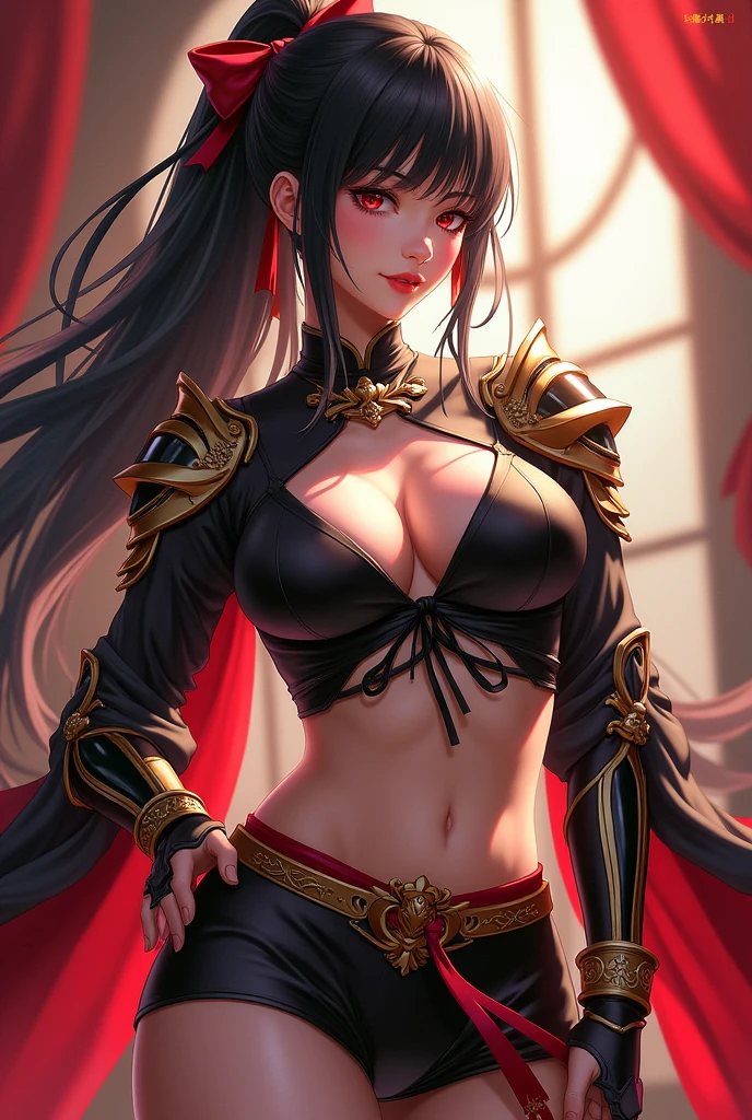 Female character woman with long black hair tied with a red bow, oriental armor style costume with predominant colors red, black and gold, short outfits showing parts of the body, She wears a low-cut black blouse with black ribbons around her neck that go from the neckline to the neck, a short black shorts, their arms have protective armor pieces, It also has a gold belt with a red and black ribbon tied, realist art, sexy and imposing poses