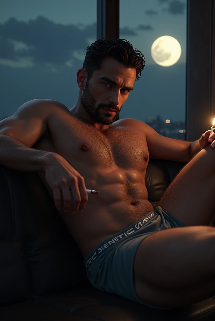 Image of an extremely handsome and hot man, sexy, with the face of a Greek god, very beautiful, marked jaw, muscular and big, with a hateful face, thick legs, grey eyes, very masculine, White skin, extremely masculine, sexy look, wet black hair, in a dark luxury penthouse illuminated by the moonlight that enters through a luxury window, lying on a black leather sofa, with a cigarette in his hands, dressed in grey calvin klein boxers, dark