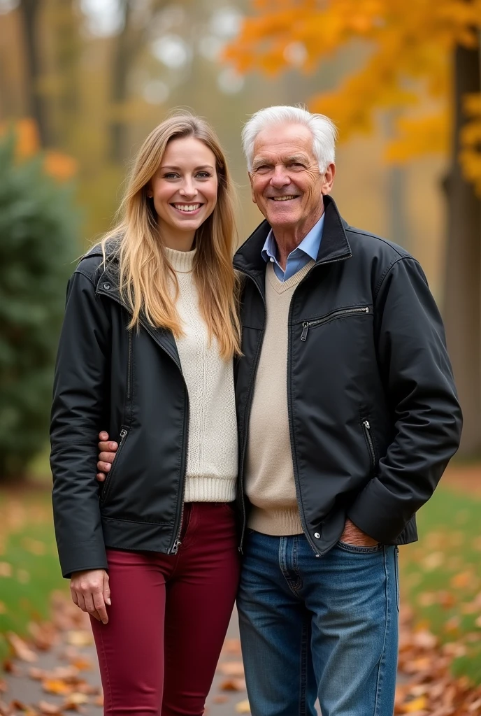 Create a realistic image of a 20 year old woman, long blonde hair, blue eyes, cheekbones, ((full body)),
dressed in red colored jeans, a white colored sweater, a black colored jacket, with his grandfather who is dressed in blue colored jeans, background image: in a garden in autumn, from the head feet, full body, hyper realistic photo