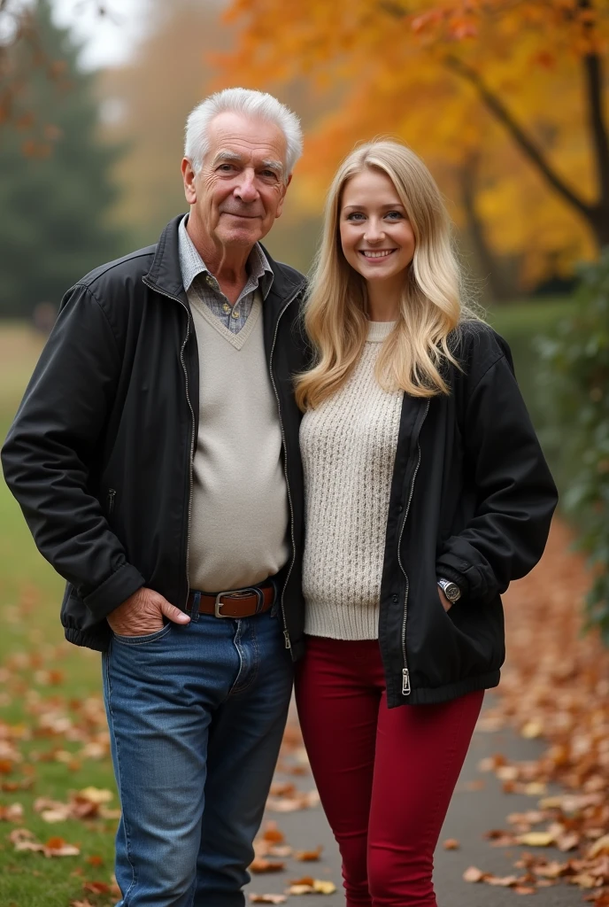 Create a realistic image of a 20 year old woman, long blonde hair, blue eyes, cheekbones, ((full body)),
 dressed in red colored jeans, a white colored sweater, a black colored jacket, with his grandfather who is dressed in blue colored jeans, background image: in a garden in autumn, from the head feet, full body, hyper realistic photo