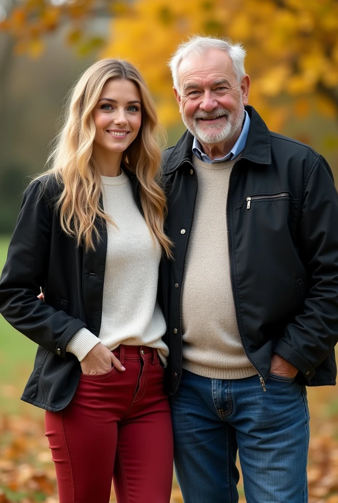 Create a realistic image of a 20 year old woman, long blonde hair, blue eyes, cheekbones, ((full body)),
dressed in red colored jeans, a white colored sweater, a black colored jacket, with his grandfather who is dressed in blue colored jeans, background image: in a garden in autumn, from the head feet, full body, hyper realistic photo
