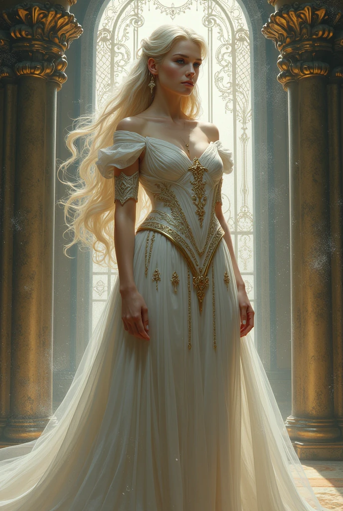 Tall white skinned woman with good attributes is royalty white hair color draws full body and web toom style