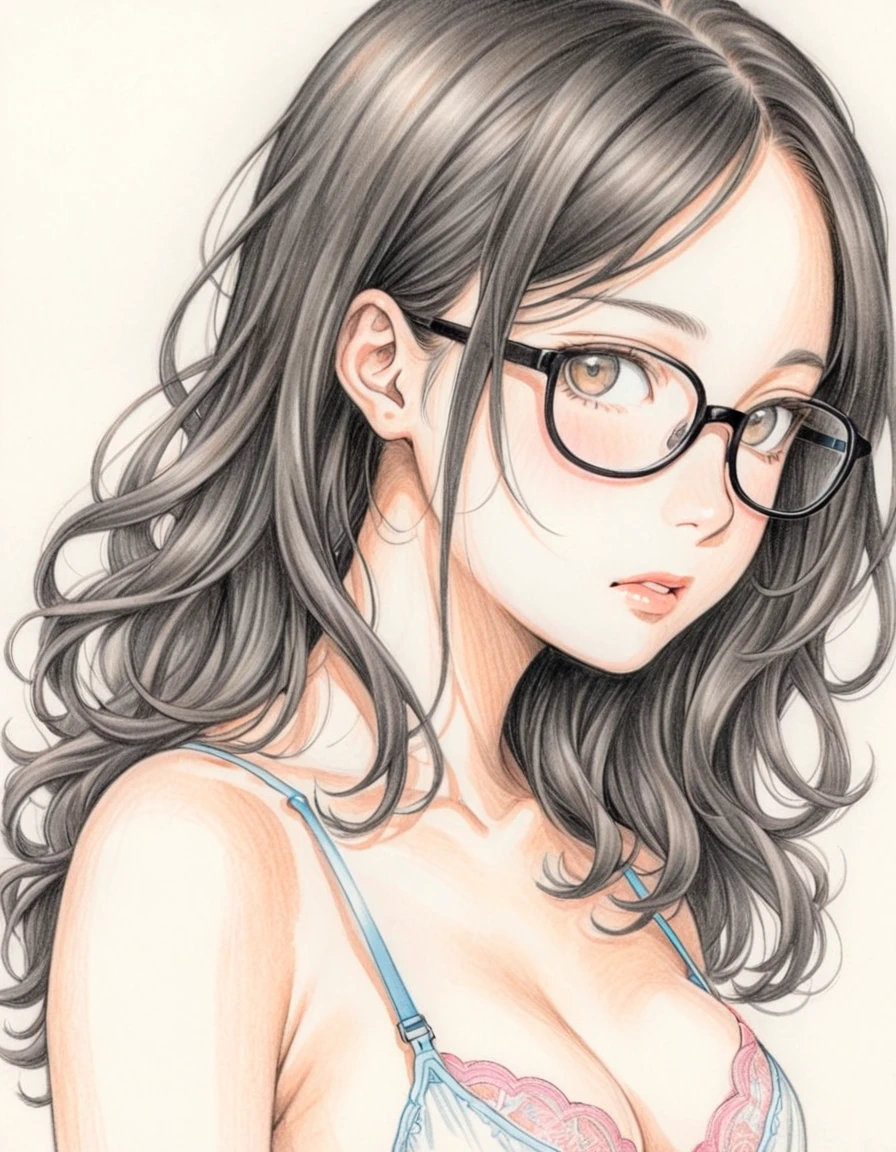1 female, 30-year-old, alone, thin, slender, small breasts!!!, Loose curly hair, Bedhead, Forehead, thin, slender, (((glasses))), lingerie, white bra, (((She wears sexy bra))), Are standing, art, Colored pencil drawing, draft, White background, portrait