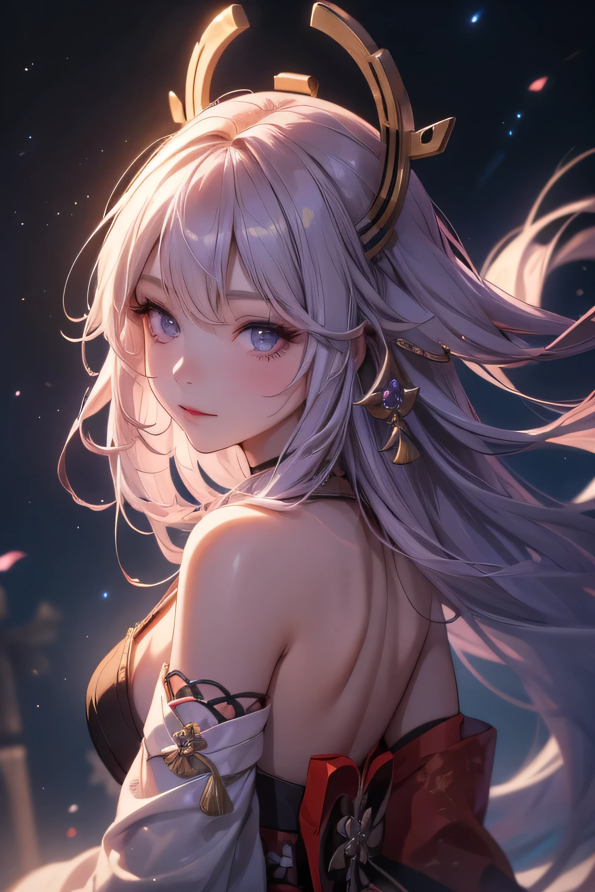 ((yaemikodef)):1.5, ((masterpiece,Highest quality,Highly detailed images,Beautiful images、Dutch Angle)), (Close-up image of yaemiko、Overall dim lighting、Backlight、Strong backlighting、Fantastic dark atmosphere、Thick Fog、Dust flutters),(Dynamic pose)1.2, sideboob、((from front;1.5)), (Beautiful starry sky、White Nights、shooting star), arms behind back, looking at viewer, (detailed face portrait)