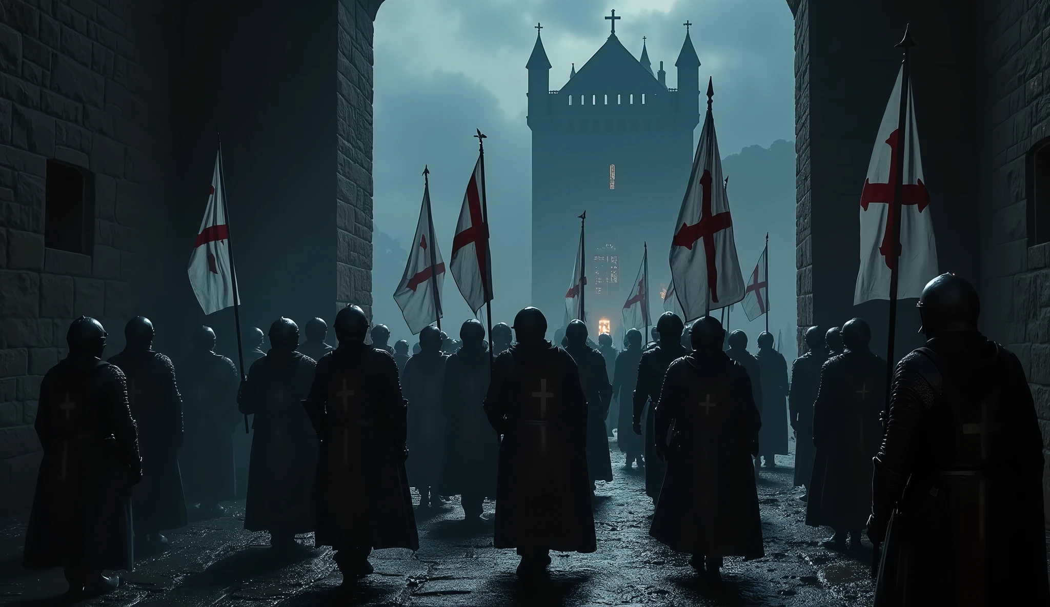 Several Knights Templar leaving the castle at night, with helmets carrying a cross and white flags with a cross design, going to war