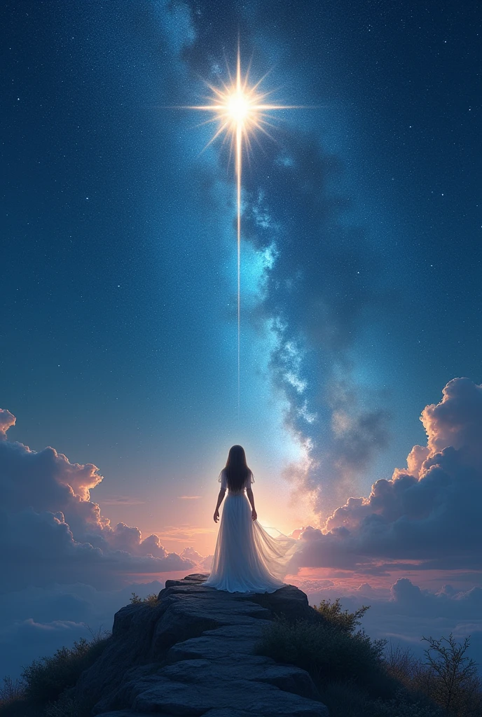 ((masterpiece, Highest quality, Best image quality, High resolution, Realistic, RAW Photos, 8k)), ((Highly detailed CG synthesis 8k wallpaper)), (Starry sky background、A beautiful star is shining、The girl becomes invisible and smiles kindly at the viewer.、The girl became the goddess who protects the world.、Mysterious starry sky、Incredible beauty, Perfect Proportions:1.4), Looking up at the stars from the ruins of ancient Greece,From Mount Olympus、 Movie Posters, past, present and future,