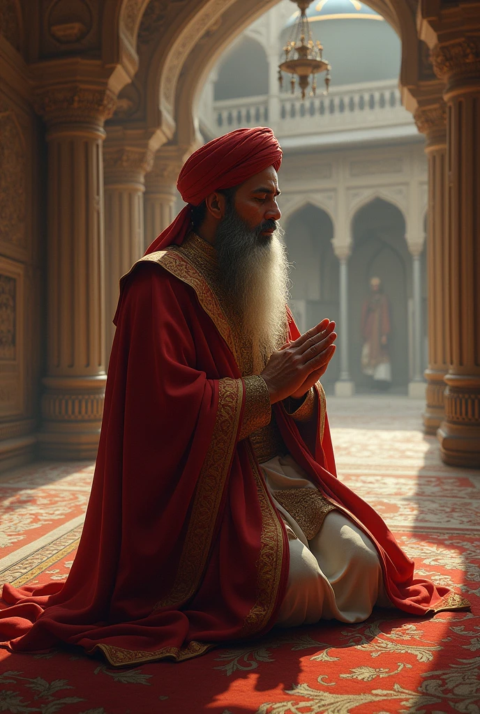 King Shah Jahan is sitting in the mosque and praying to Allah with both hands raised. 
His beard is getting wet with his tears.