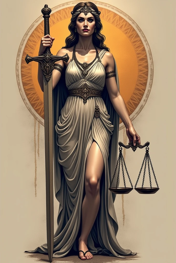A more stylish tattoo of the goddess of Justice in the Greek style but with the appearance of a tattoo with a sword and scales