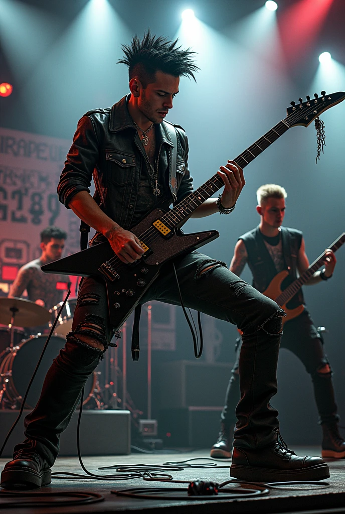 punk 3 people , 1 guitarist, 1 bassist and 1 drummer