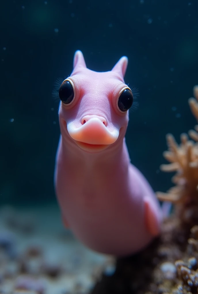 Close-up view of a unique underwater creature with a distinct appearance. The creature has a pink, elongated body with a smooth texture and a prominent, beak-like structure on its face. Its eyes are large, round, and black, positioned on either side of its head. The background is a dark, deep blue, indicating an underwater environment, with some coral or rock formations visible on the right side of the image. The overall composition centers the creature, highlighting its unusual and intriguing features.