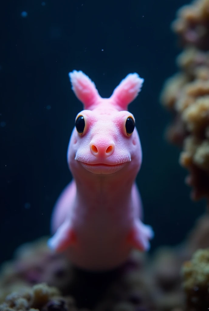Close-up view of a unique underwater creature with a distinct appearance. The creature has a pink, elongated body with a smooth texture and a prominent, beak-like structure on its face. Its eyes are large, round, and black, positioned on either side of its head. The background is a dark, deep blue, indicating an underwater environment, with some coral or rock formations visible on the right side of the image. The overall composition centers the creature, highlighting its unusual and intriguing features.