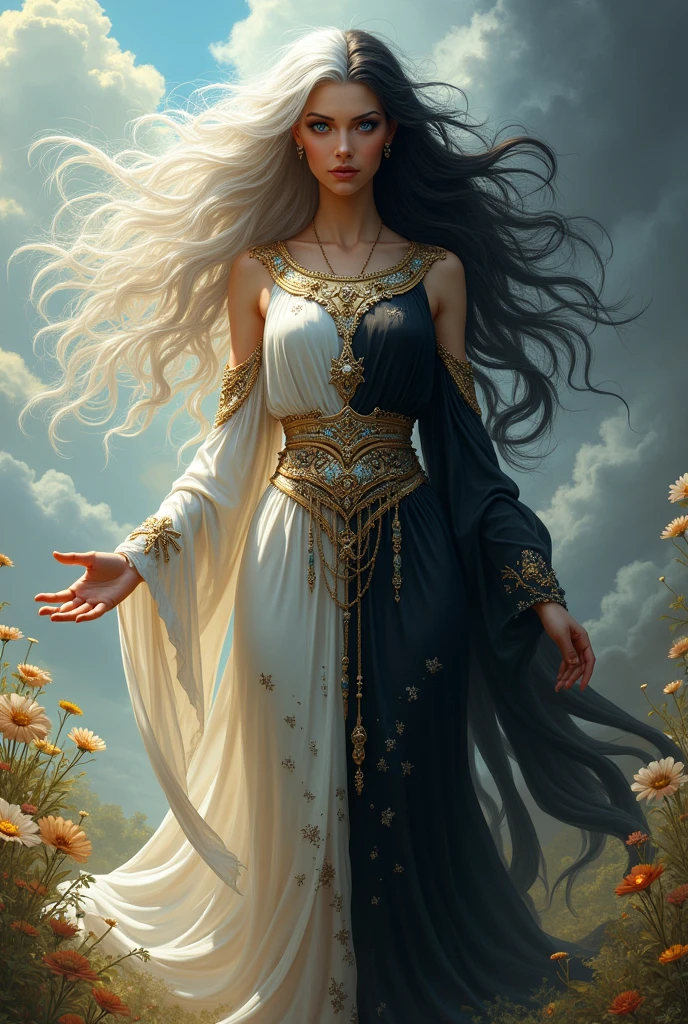 Imagine a female figure split down the middle to represent both divine and dark qualities. The right half of her body is that of a beautiful goddess, with flowing silver hair, a gentle, compassionate blue eye, and a glowing, golden skin tone. She wears a white, shimmering robe adorned with silver and gold patterns, symbolizing purity and light. Her right hand is open, palm facing upward, as if offering kindness and protection.

The left half of her body contrasts sharply, representing her evil side. Her hair is jet black, wild, and tangled, with a piercing red eye glowing with malice. Her skin on this side is pale with dark veins visible, and she wears a tattered, black robe that appears to be made from shadows. Her left hand is clenched into a claw, fingers long and sharp, ready to unleash chaos.

The background mirrors her duality: on the right side, a bright, sunny landscape with flowers and clear skies; on the left, a dark, stormy scene with twisted trees and shadows creeping across the ground. She stands at the center, embodying the balance between light and darkness, creation and destruction.