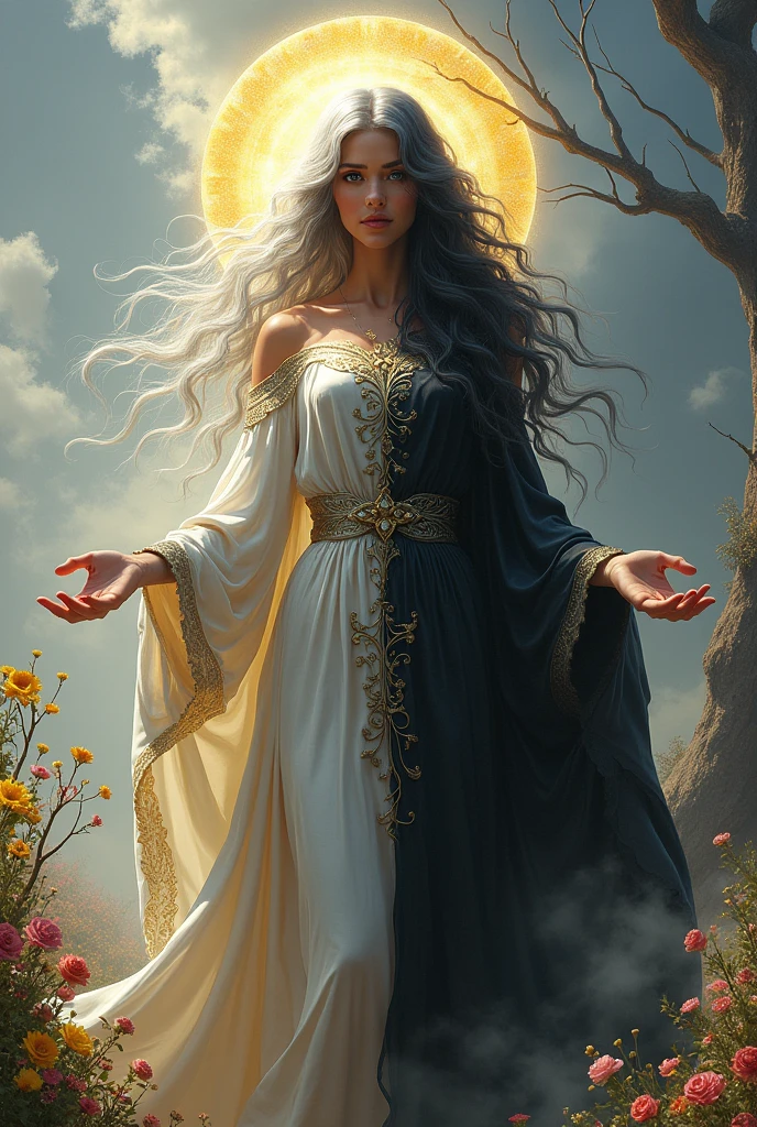 Imagine a female figure split down the middle to represent both divine and dark qualities. The right half of her body is that of a beautiful goddess, with flowing silver hair, a gentle, compassionate blue eye, and a glowing, golden skin tone. She wears a white, shimmering robe adorned with silver and gold patterns, symbolizing purity and light. Her right hand is open, palm facing upward, as if offering kindness and protection.
The left half of her body contrasts sharply, representing her evil side. Her hair is jet black, wild, and tangled, with a piercing red eye glowing with malice. Her skin on this side is pale with dark veins visible, and she wears a tattered, black robe that appears to be made from shadows. Her left hand is clenched into a claw, fingers long and sharp, ready to unleash chaos.
The background mirrors her duality: on the right side, a bright, sunny landscape with flowers and clear skies; on the left, a dark, stormy scene with twisted trees and shadows creeping across the ground. She stands at the center, embodying the balance between light and darkness, creation and destruction.