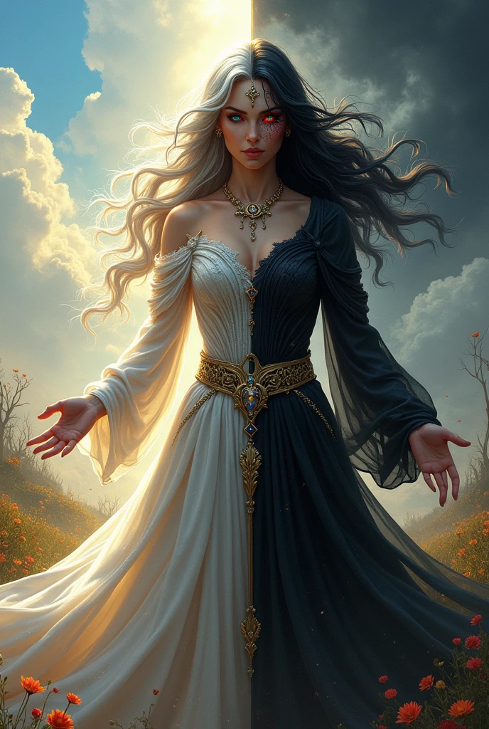 Imagine a female figure split down the middle to represent both divine and dark qualities. The right half of her body is that of a beautiful goddess, with flowing silver hair, a gentle, compassionate blue eye, and a glowing, golden skin tone. She wears a white, shimmering robe adorned with silver and gold patterns, symbolizing purity and light. Her right hand is open, palm facing upward, as if offering kindness and protection.

The left half of her body contrasts sharply, representing her evil side. Her hair is jet black, wild, and tangled, with a piercing red eye glowing with malice. Her skin on this side is pale with dark veins visible, and she wears a tattered, black robe that appears to be made from shadows. Her left hand is clenched into a claw, fingers long and sharp, ready to unleash chaos.

The background mirrors her duality: on the right side, a bright, sunny landscape with flowers and clear skies; on the left, a dark, stormy scene with twisted trees and shadows creeping across the ground. She stands at the center, embodying the balance between light and darkness, creation and destruction.