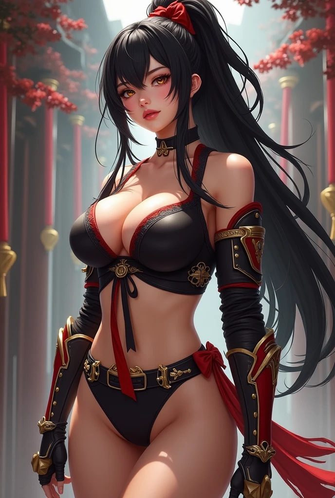 Female character woman with long black hair tied with a red bow, oriental armor style costume with predominant colors red, black and gold, short outfits showing parts of the body, She wears a low-cut black blouse with black ribbons around her neck that go from the neckline to the neck, a short black shorts, their arms have protective armor pieces, It also has a gold belt with a red and black ribbon tied, realist art, pose sexy