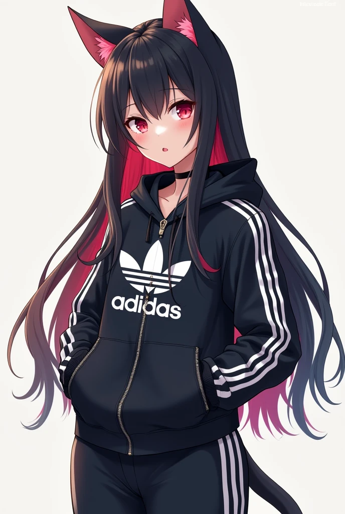 Anime girl with long black hair red eyes cat ears adidas clothes