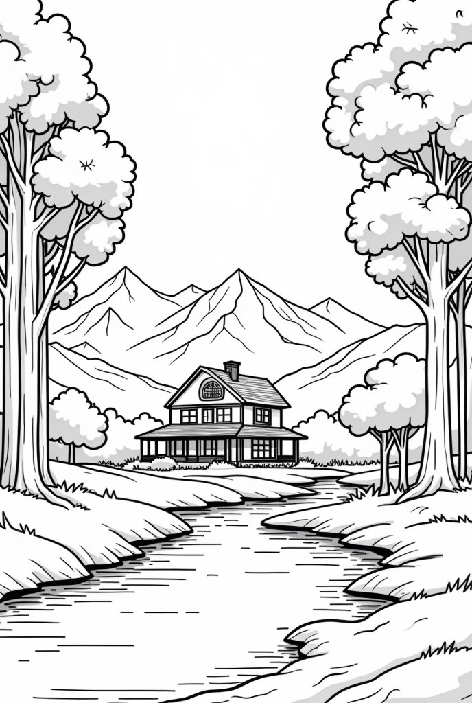 Landscape with a country house, trees, a river, mountains in the background, only outline of the drawing, black and white