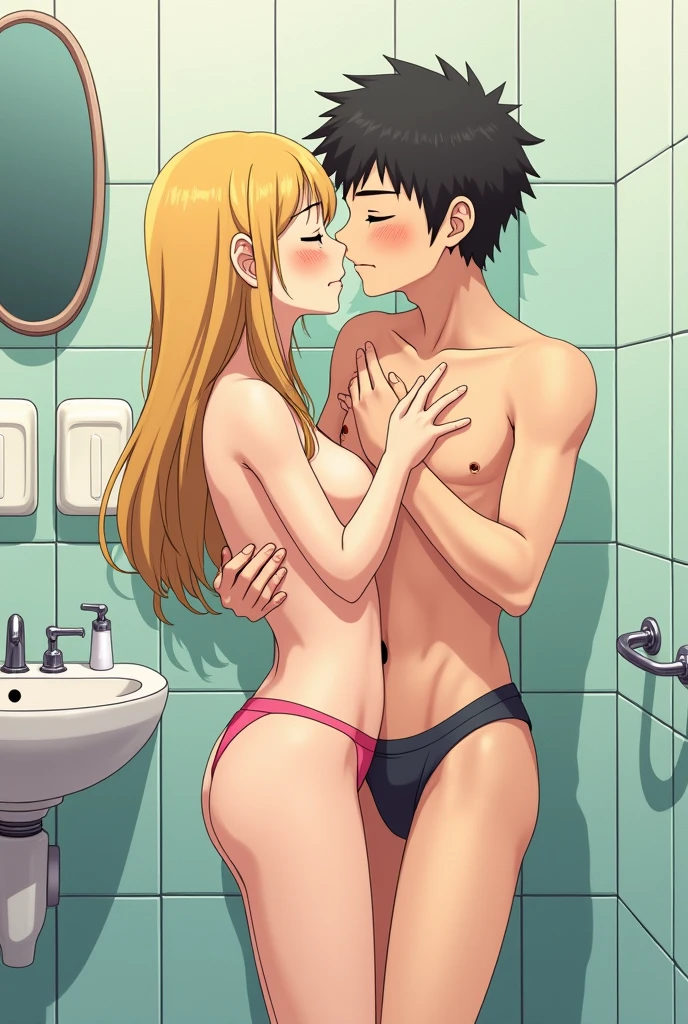 Naked Suzuka and nobita doing toilet together