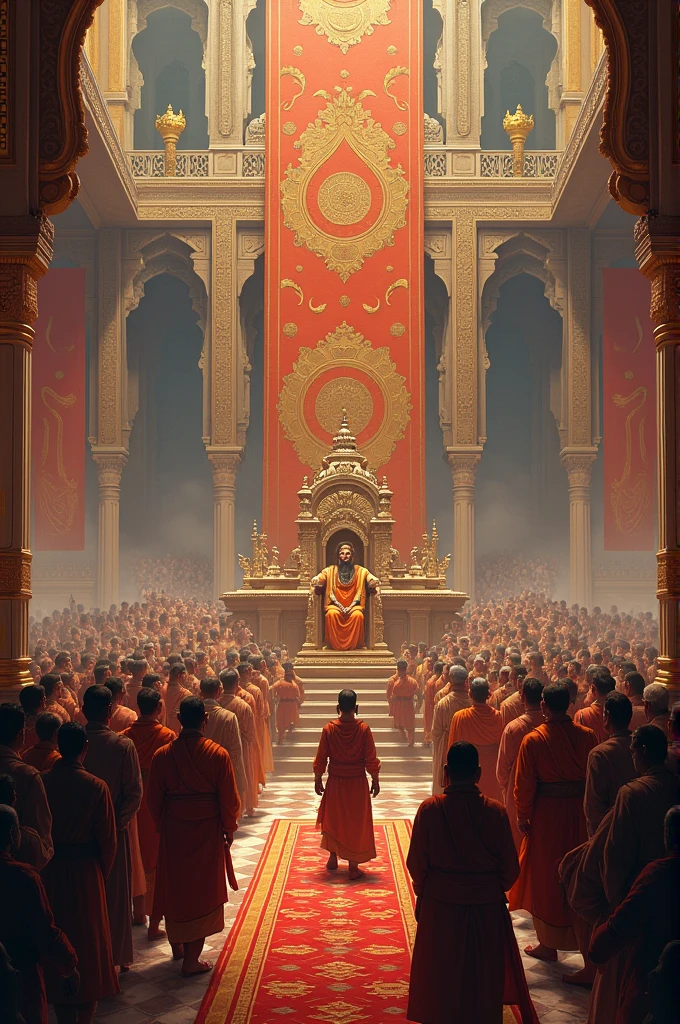 Coronation (1674): The grand coronation ceremony of Shivaji Maharaj, complete with traditional attire, rituals, and a festive atmosphere.
