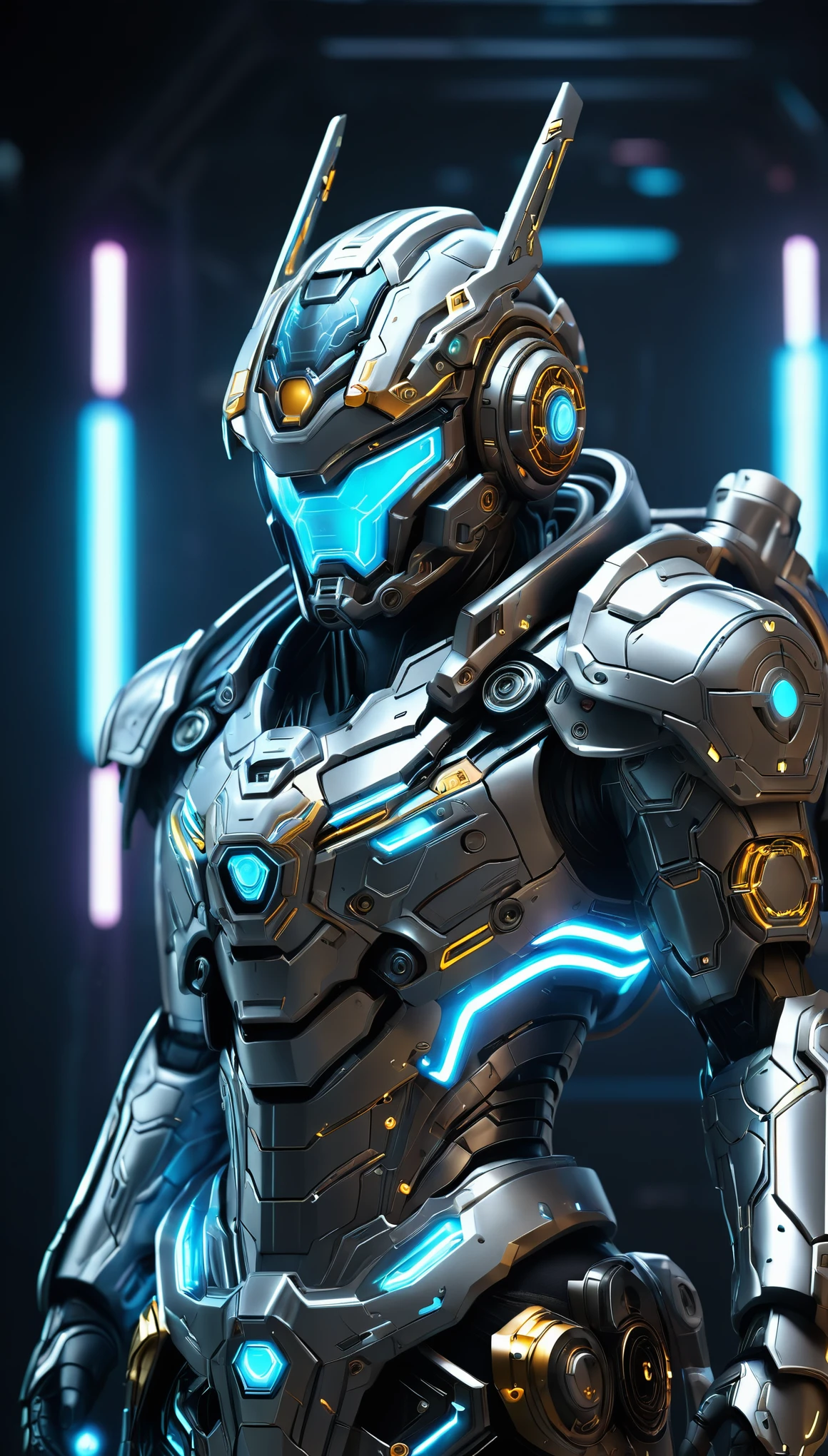 Game character design,3D character rendering,theme:Future Soldier Costume Design:Mechanical Warframe,Decorated with luminous lines and rivets,Weapon design with streamer effects or LED lights:Laser Cannon、Ion cannon or pulse cannon,The look features high-tech lines and decorative hair:Ambilight neon colors,Add some glowing elements,A headdress that may have a futuristic feel,Such as photoelectric glasses or head-mounted display expression design:Add some glowing lines or LED lighting effects to the face decoration,Design different facial expressions,Highlight the image and action design of future warriors:move、When releasing a skill or attacking,Add some special effects and animations,Special effects design that highlights the sense of future and combat:Add cool lighting effects、Electromagnetic wave effects or virtual interfaces,Enhance the visual impact of skin