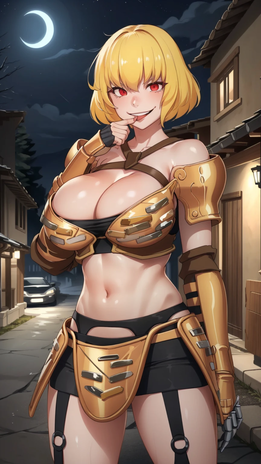 ((((hide hand)))), 1girl, clementine \(overlord\), armor, garter belt, gauntlets, blonde hair, short hair, red eyes, smile, psycho smile, mouth open, psycho face, empty eyes, crazy eyes, crazy smile, (nighttime, night, dim lighting, dark atmosphere), masterpiece, extremely detailed CG unity 8k wallpaper, best quality, 32k, focus sharp ,((huge breast)),