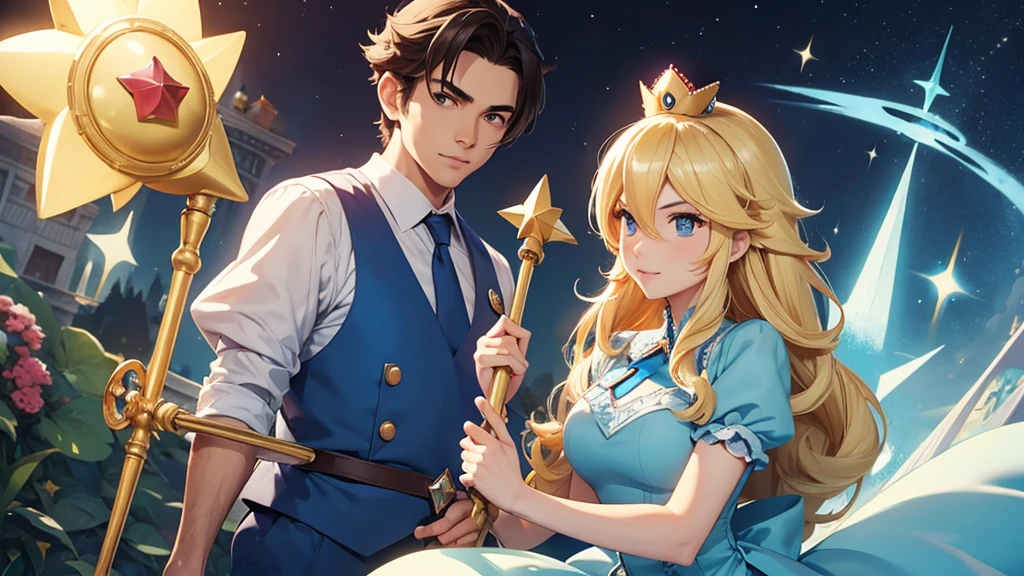 Mario and Rosalina with staff, in a florest.