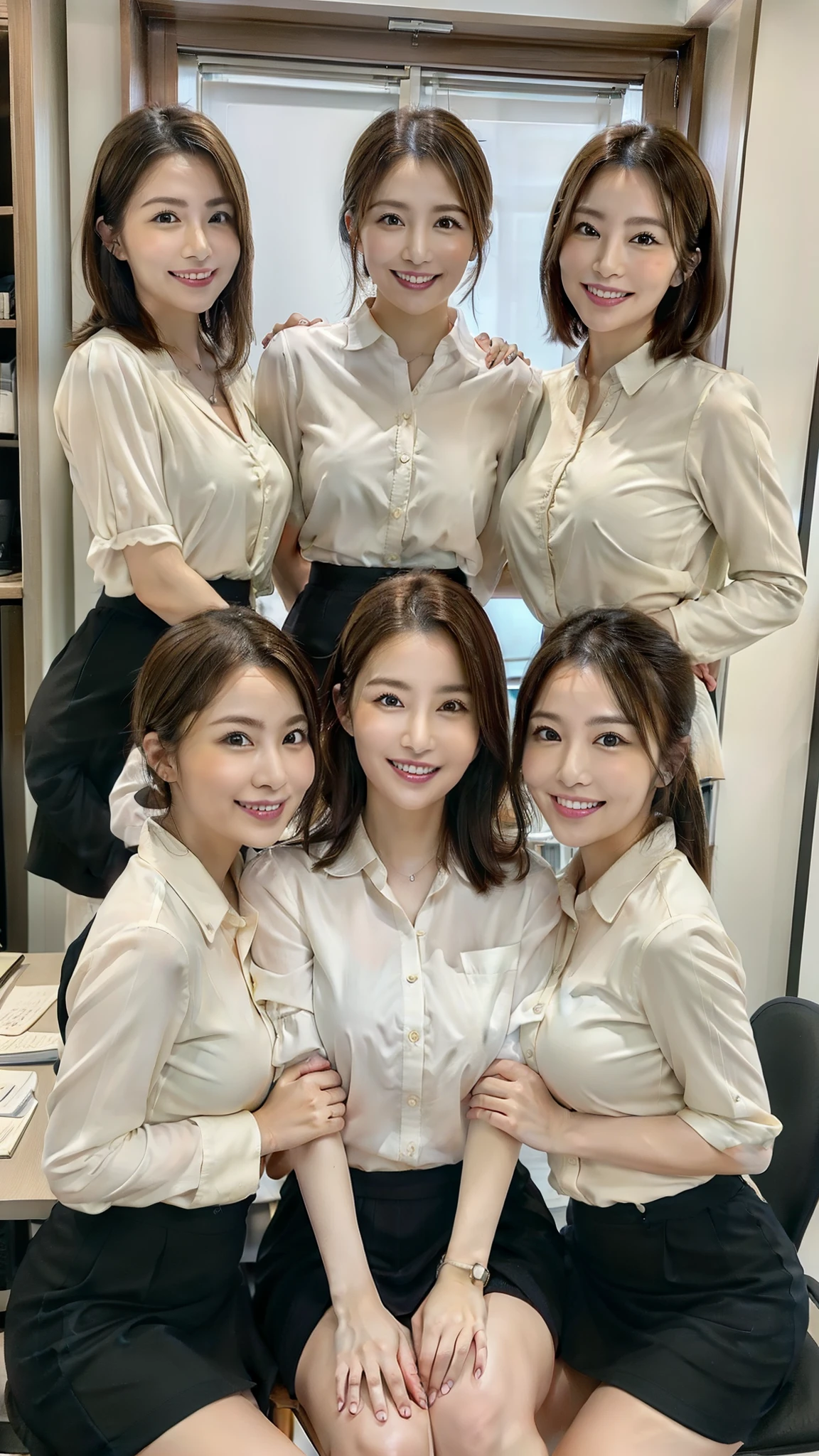 ((Best Quality, 8k, Masterpiecedetails, ultra-high resolution)), (group picture),(looking at the viewer), (full shot:), attractive business 5 milfs, 5 people, a bit chubby:0.25, seductive expression, white collared shirt,Short-sleeved shirt、 Short skirt、Black tight skirt、Spread your legs、The bra is see-through、Large Breasts、The five of them are close together.、Push the bust next to each other、Thighs、 (sitting with cross legs on office desks)), smile,
