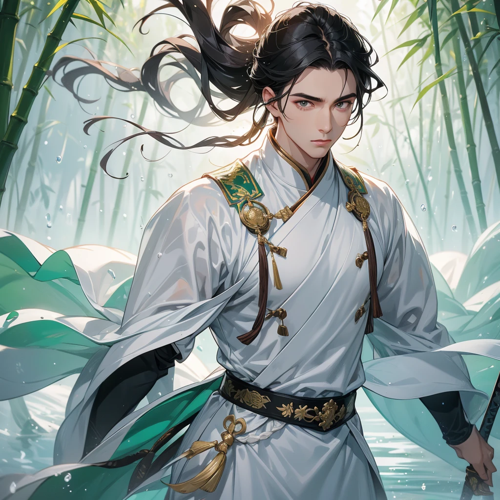 a Handsome black-haired male holding a large sword in white ancient Chinese costume, the back is a lush green bamboo forest. the air after rain has water droplets splashing around. close up.