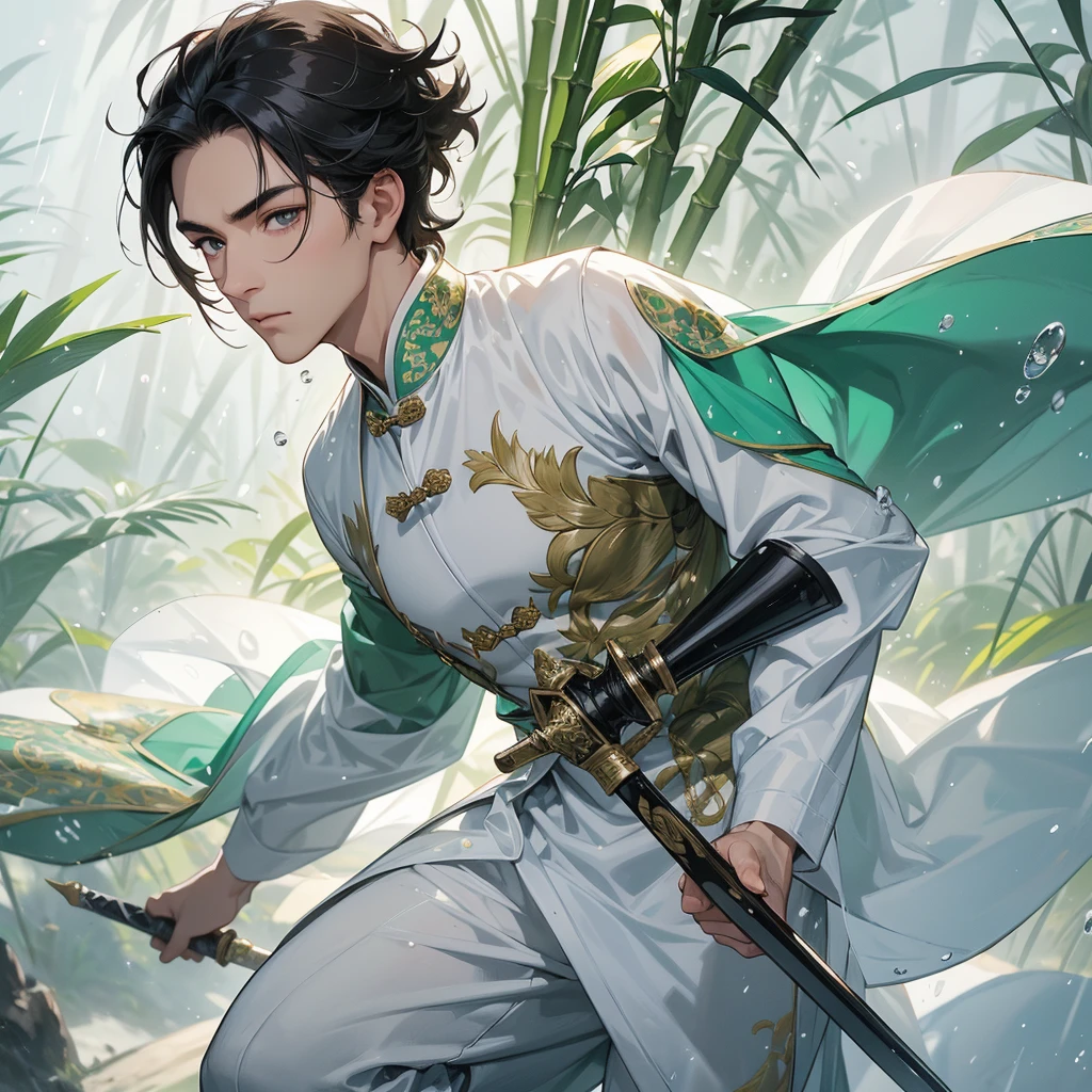 a Handsome black-haired male holding a large sword in white ancient Chinese costume, the back is a lush green bamboo forest. the air after rain has water droplets splashing around. close up.