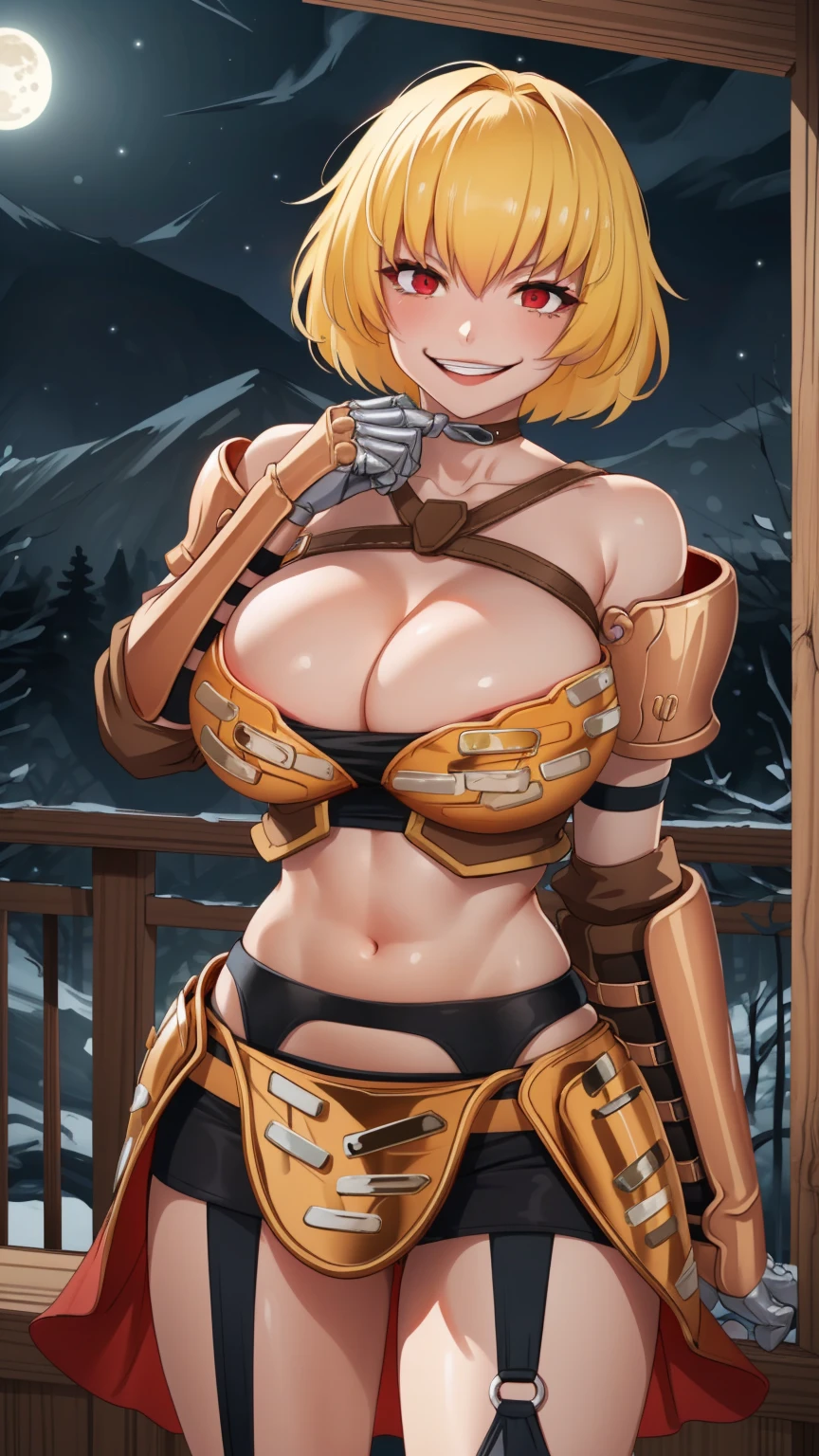 ((((hide hand)))), 1girl, clementine \(overlord\), armor, garter belt, gauntlets, blonde hair, short hair, red eyes, smile, psycho smile, mouth open, psycho face, empty eyes, crazy eyes, crazy smile, (nighttime, night, dim lighting, dark atmosphere), masterpiece, extremely detailed CG unity 8k wallpaper, best quality, 32k, focus sharp ,((huge breast)),