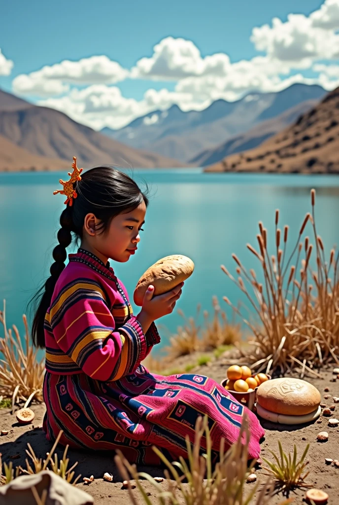 artisanal bread from Puno in Peru for social networks image with the background of Lake Titicaca a highland Puno girl eating