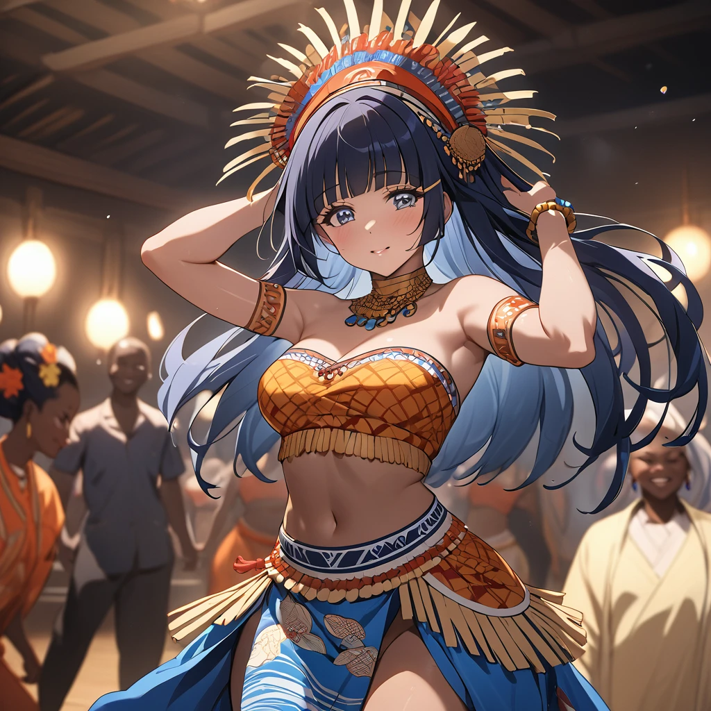 ((Highest quality)), ((masterpiece)), (detailed), (Perfect Face)、The woman is Reika Aoki with semi-long hair、The woman is wearing a Congolese costume and dancing the Congolese dance.