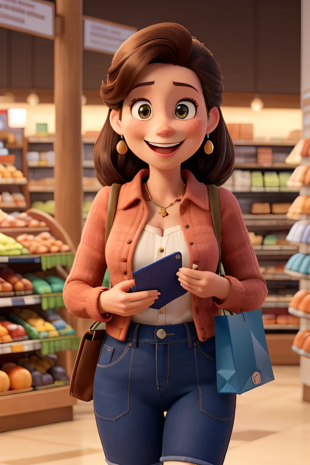 The wife proudly pulls out a stylish wallet from one of the shopping bags, showing it to her husband with a big smile on her face. She is excited about her purchase
