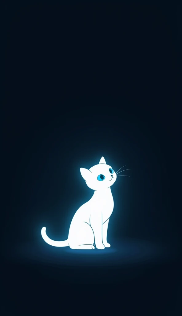 a silhouette of a tiny white cat with blue eyes and no tail in the dark, dark background, minimalist, ambience light, flat illustration, super wide angle