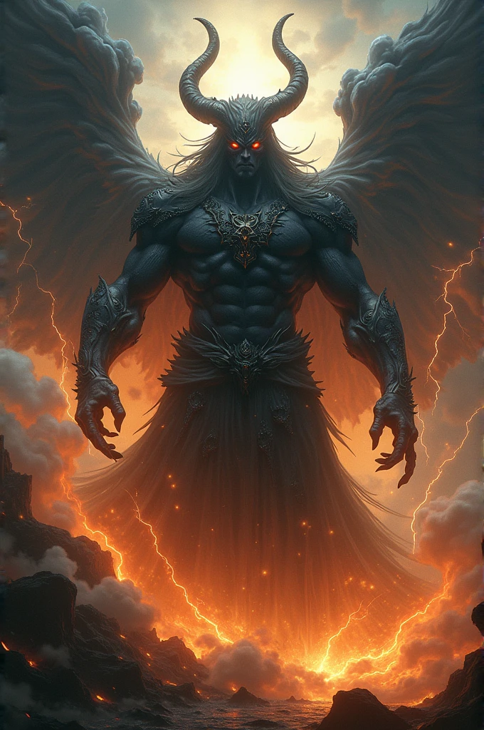 Dark menacing god with fire smoke and lightning around