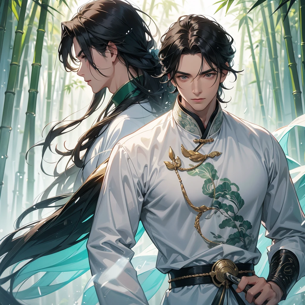 a Handsome black-haired male holding a large sword in white ancient Chinese costume, the back is a lush green bamboo forest. the air after rain has water droplets splashing around. close up.