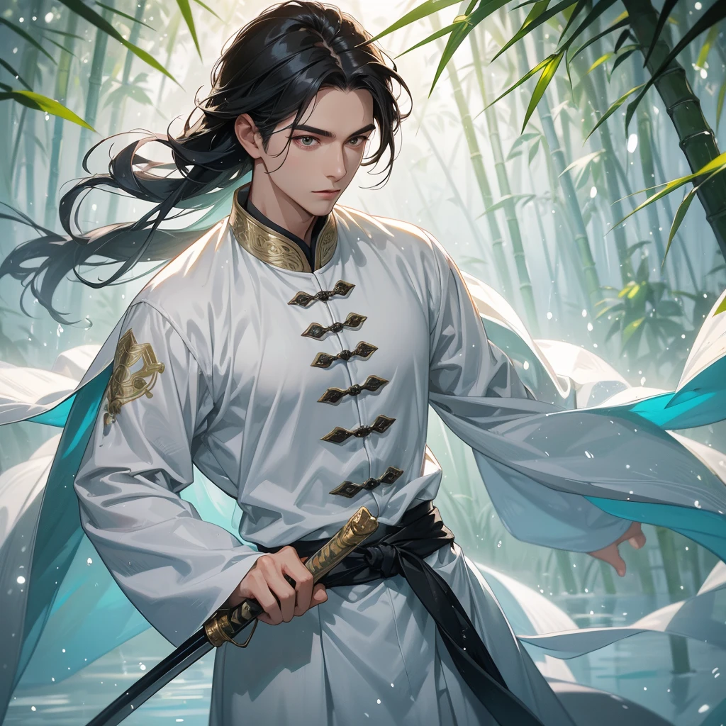 a Handsome black-haired male holding a large sword in white ancient Chinese costume, the back is a lush green bamboo forest. the air after rain has water droplets splashing around. close up.