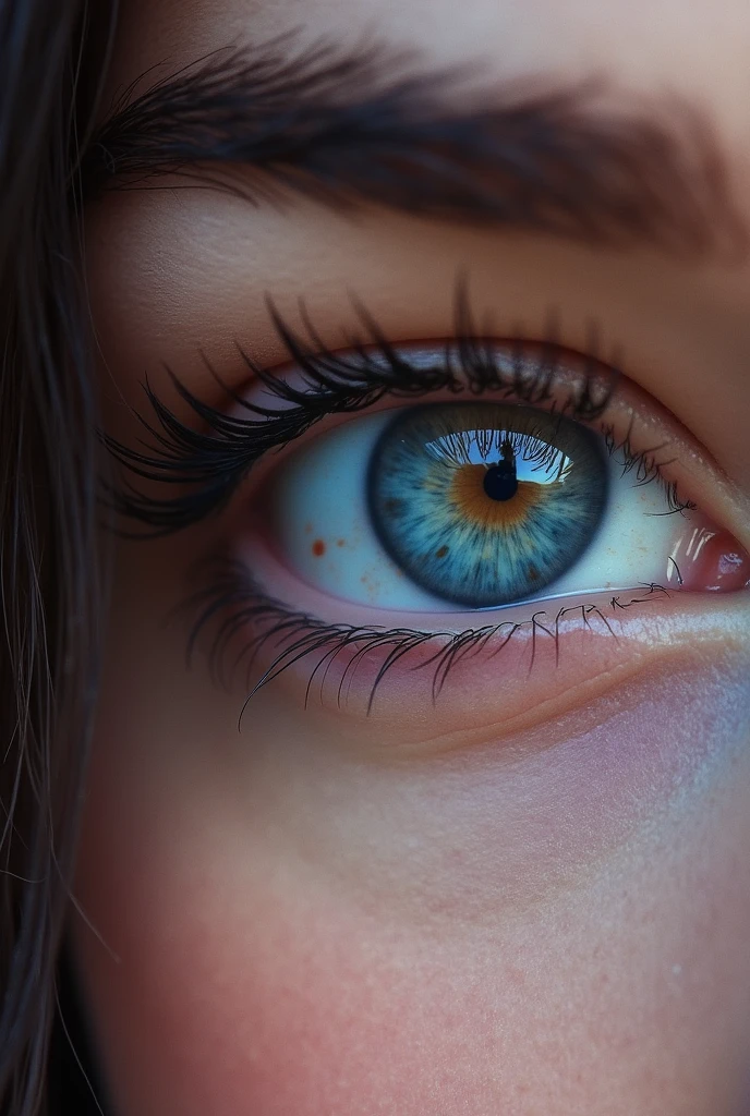 Crée la photo avec une résolution parfaite de l'oeil d'une femme, violet, bleue et marron vu de face. Les yeux ont une couleur très claire