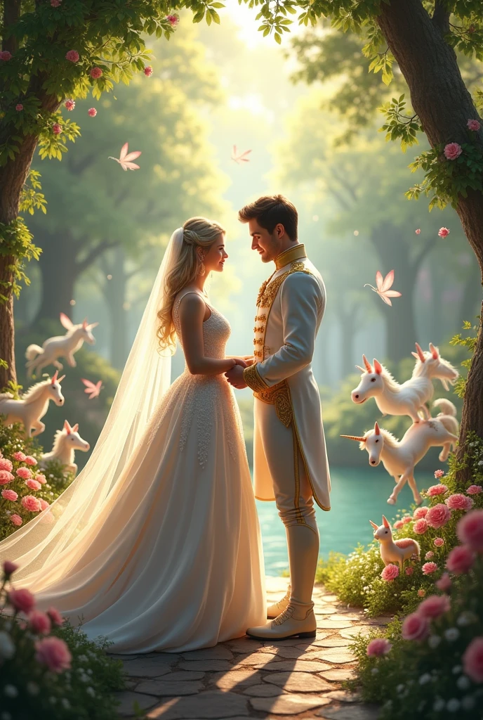 Cinderella and Prince Charming getting married, surrounded by fairy tale creatures