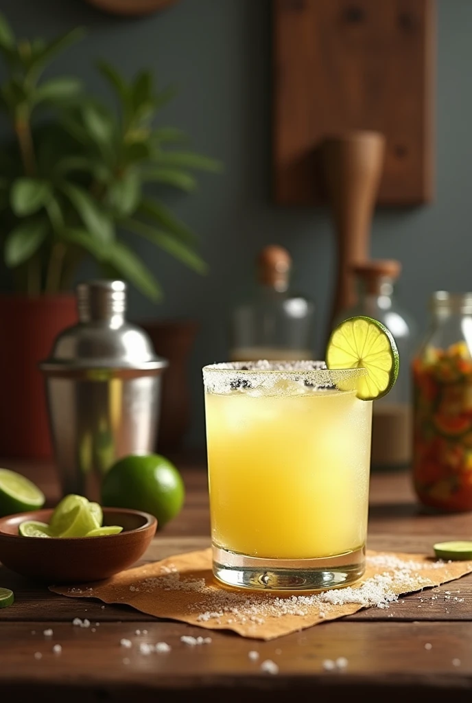 Dans une cuisine chaleureuse et accueillante, un verre de Margarita maison est posé sur une table en bois rustique. Le verre est légèrement givré de sel sur le bord, rempli d'un mélange citronné fait à la main. Une tranche de citron vert, fraîchement coupée, repose sur le bord du verre. À côté, un petit bol contient des quartiers de citron vert prêts à être pressés, et un vieux shaker métallique est ouvert, laissant entrevoir des gouttes de condensation. En arrière-plan, des ustensiles de cuisine simples et des bocaux en verre remplis d'ingrédients frais ajoutent une touche d'authenticité et de simplicité à la scène.