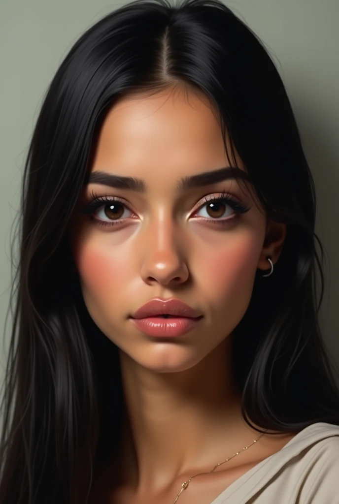 a girl of Moroccan origin, straight black hair, well-defined eyebrows, with eyelashes, with makeup, disappointed lips, fine features, with fairly large lips, without earrings, resembling a human