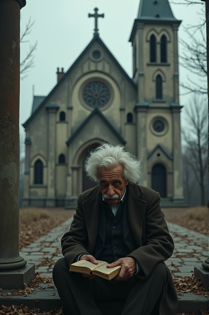 Einstein sitting on his knees sadly before a broken church with a quantum mechanics book in hand and heads down.