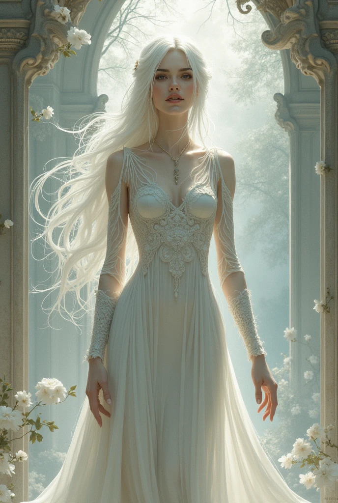 Tall white-skinned woman with good attributes, she is royalty, white hair color, draws her full body and web toom style next to the man you drew for me a little while ago